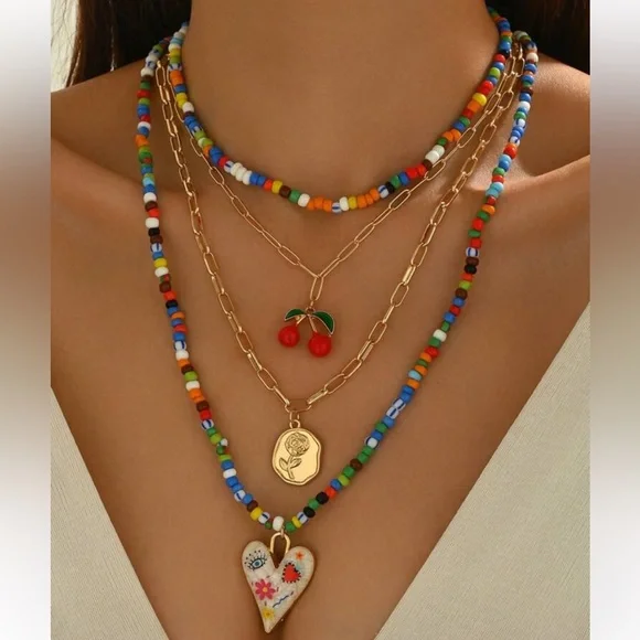 Colorful Beaded Heart Necklace Set M558 - Picture 1 of 5